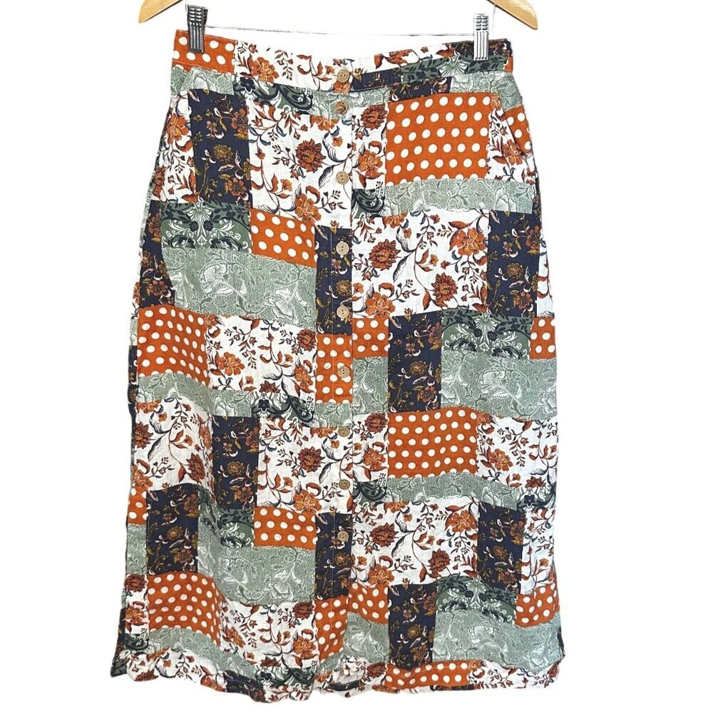 Patchwork Linen Midi Skirt Button Up Floral Cottagecore Boho Festival Large